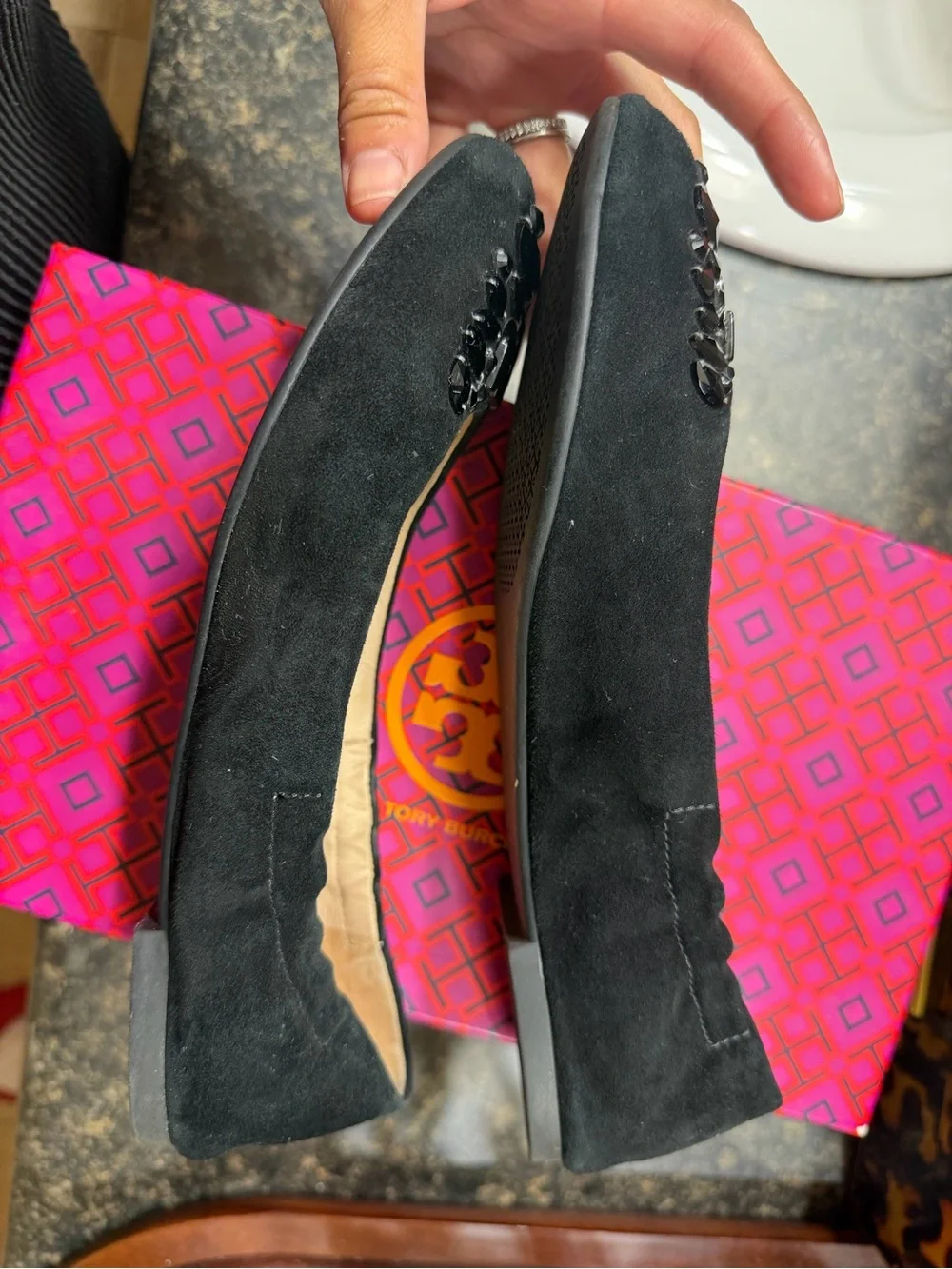Tory Burch Black Embellished Suede Ballet Flats - Picture 3 of 6